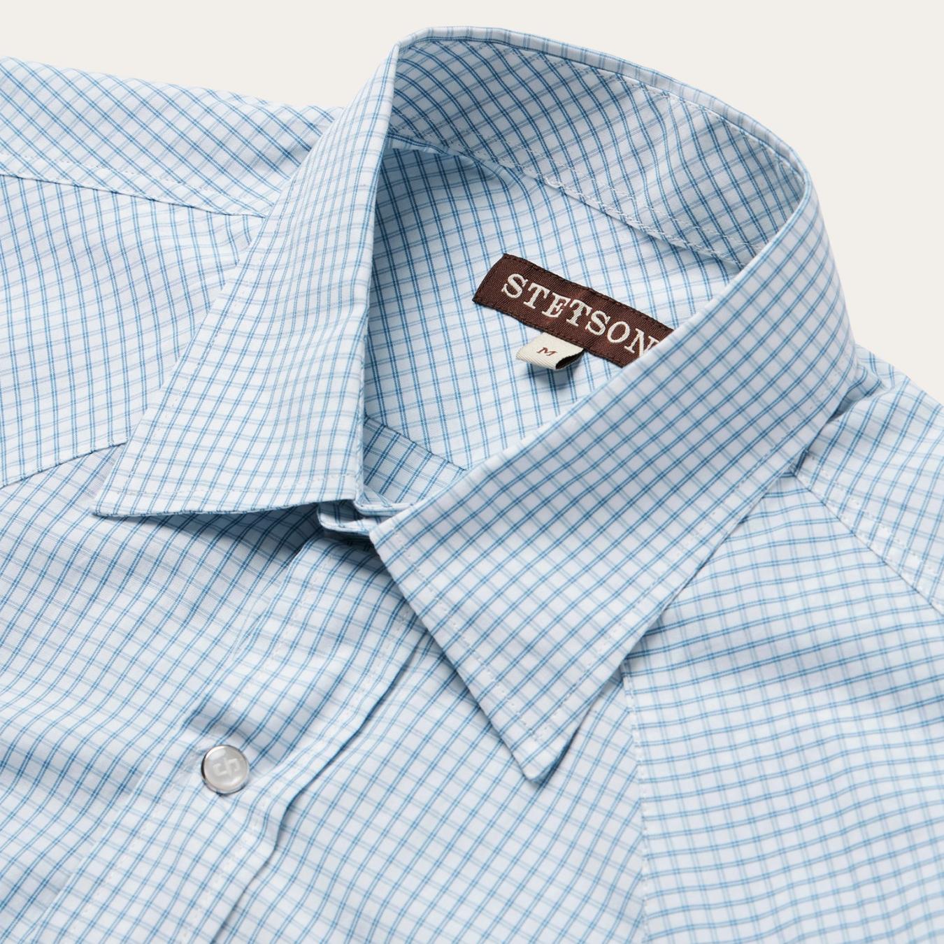 Men Classic Cut Stetson Two Stripe Check Western Shirt Blue