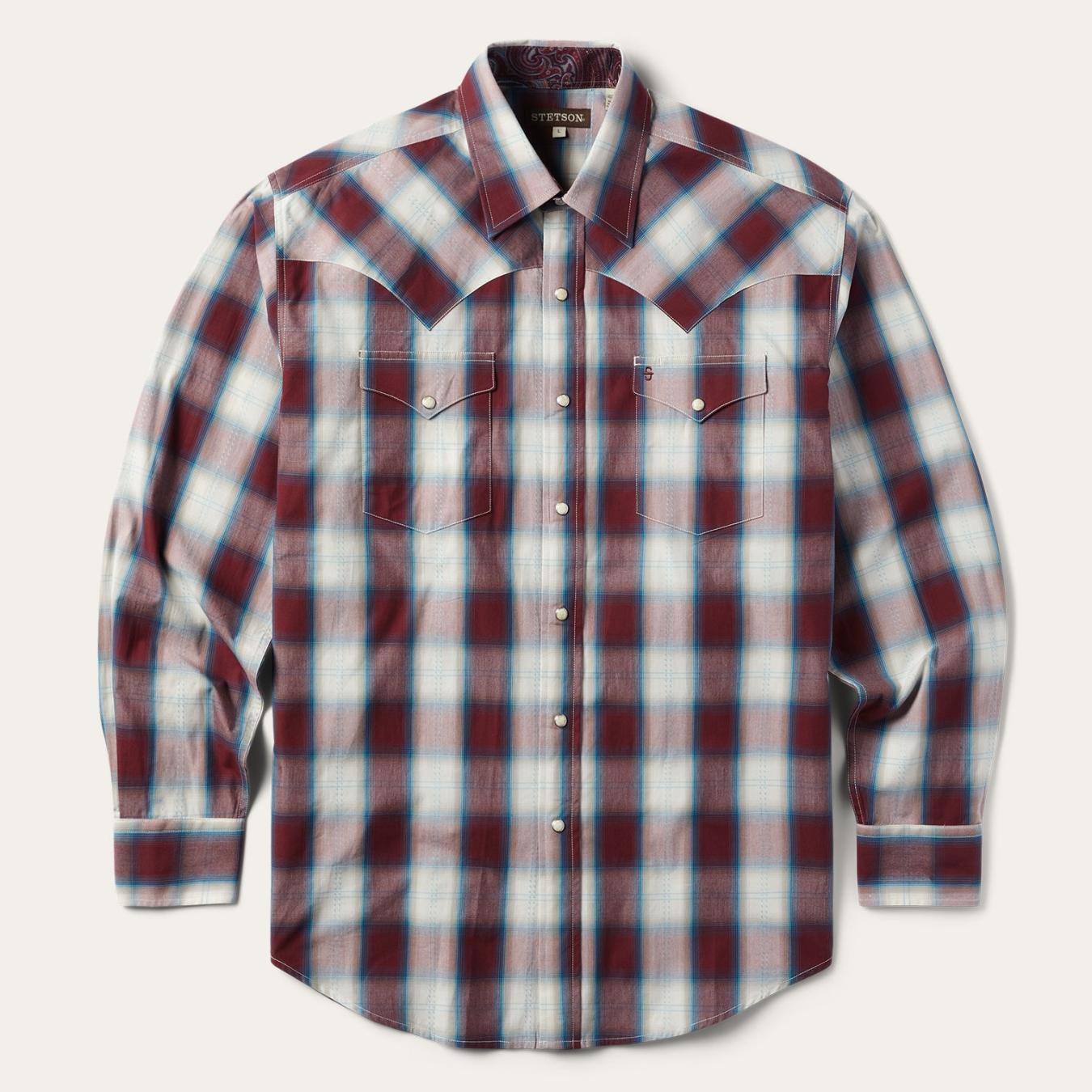 Men Classic Cut Stetson Wine Plaid Shirt Wine