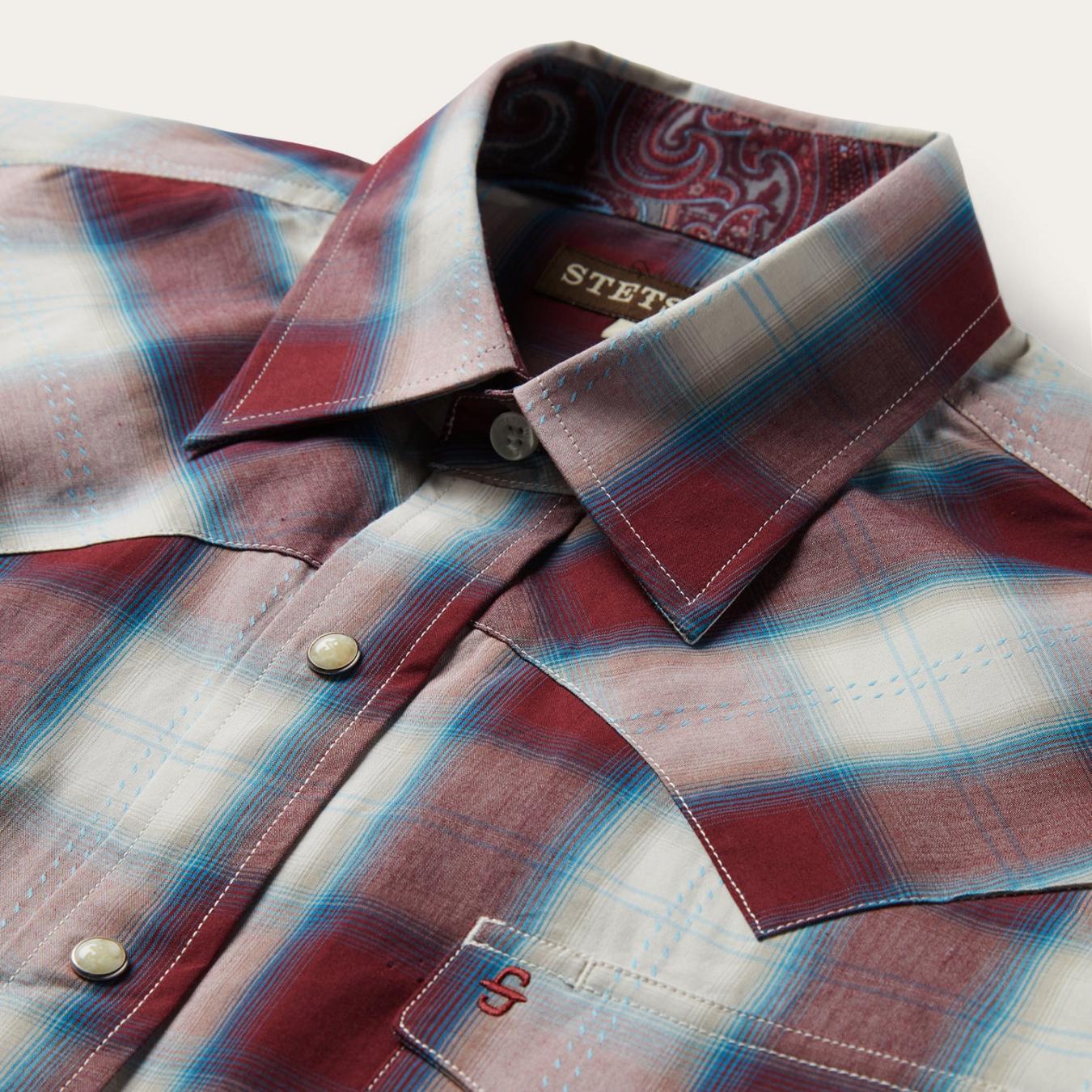 Men Classic Cut Stetson Wine Plaid Shirt Wine