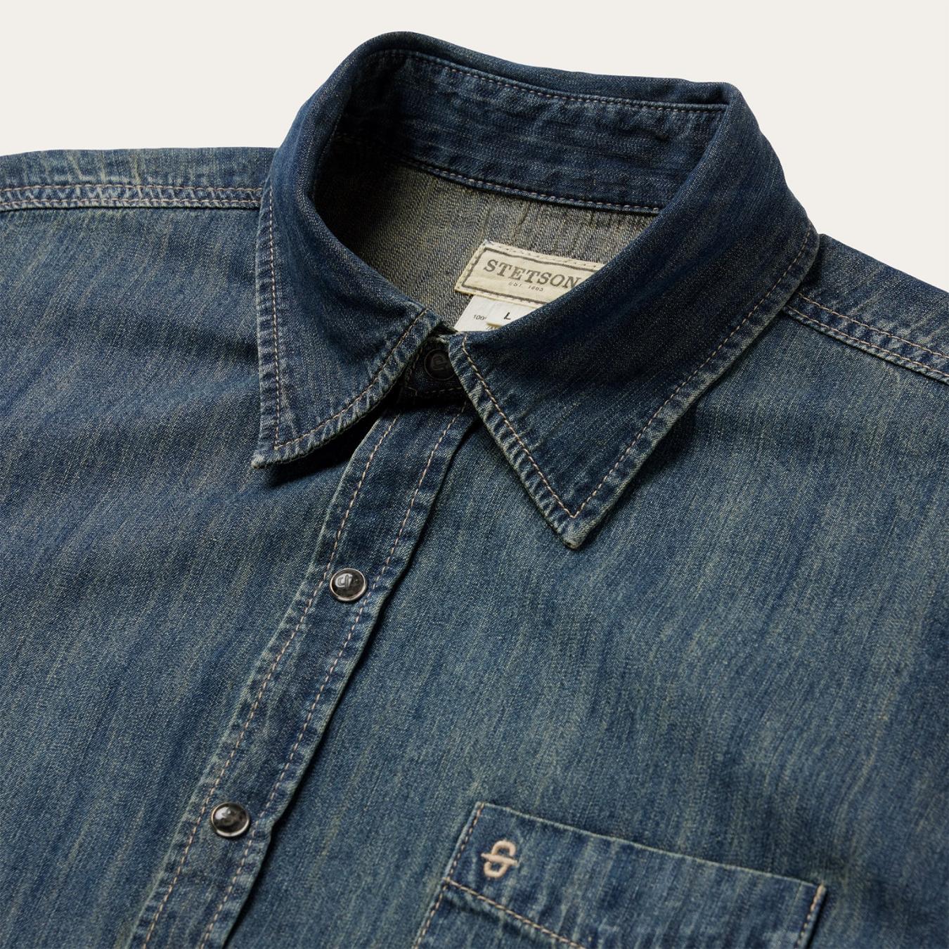 Men Denim Shirts Stetson Dark Denim Western Shirt Blue