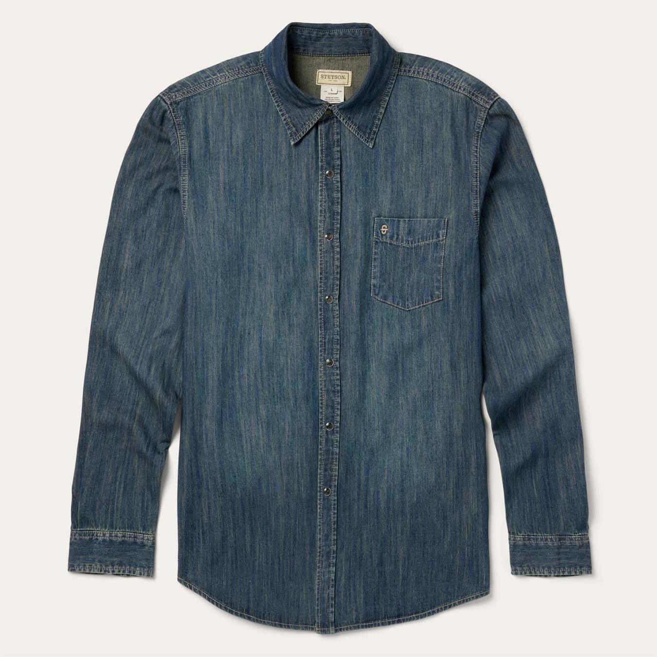 Men Denim Shirts Stetson Dark Denim Western Shirt Blue