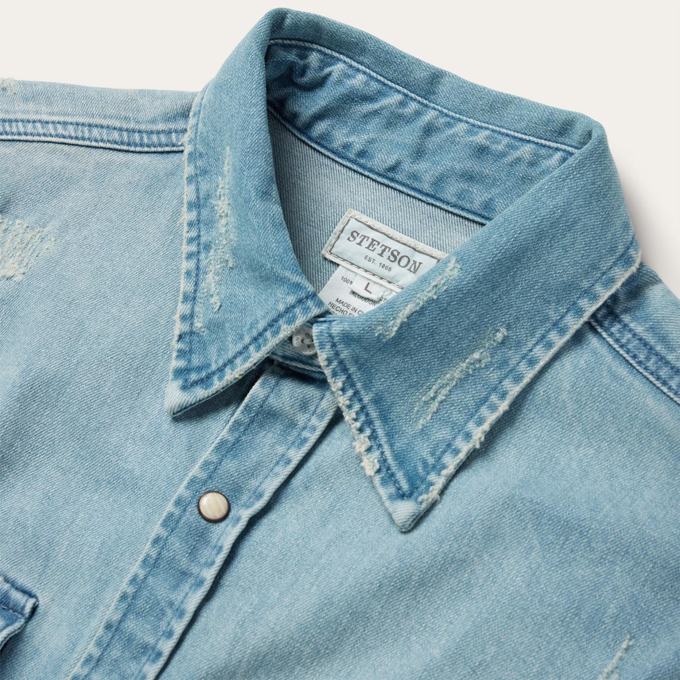 Men Denim Shirts Stetson Distressed Denim Western Shirt Blue