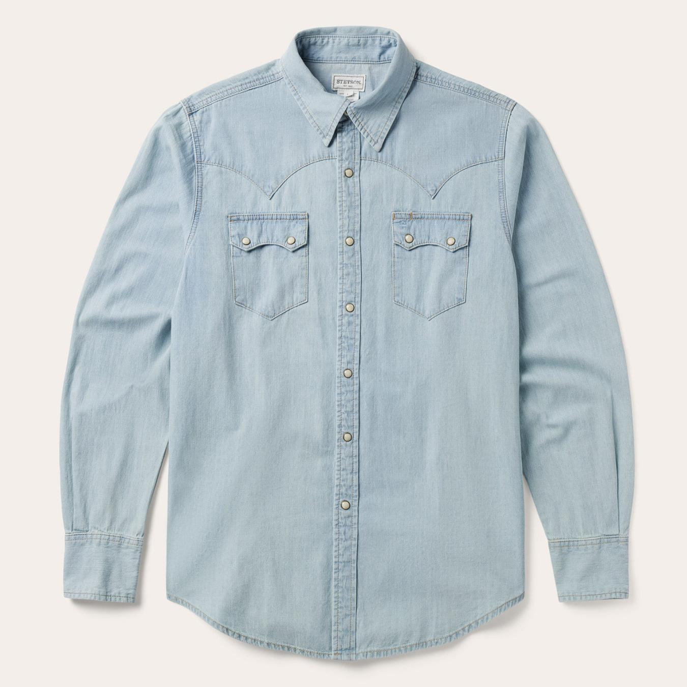 Men Denim Shirts Stetson Light Blue Denim Western Shirt Blue