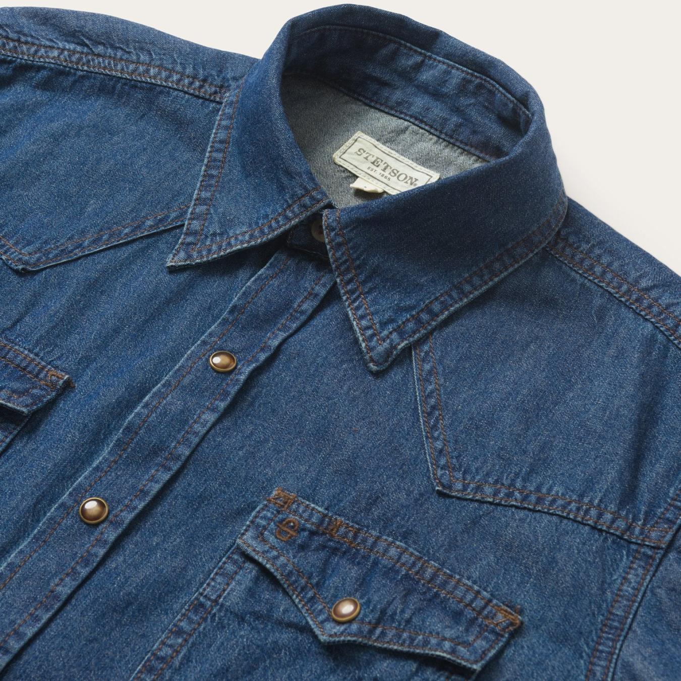 Men Denim Shirts Stetson Modern Denim Western Shirt Blue