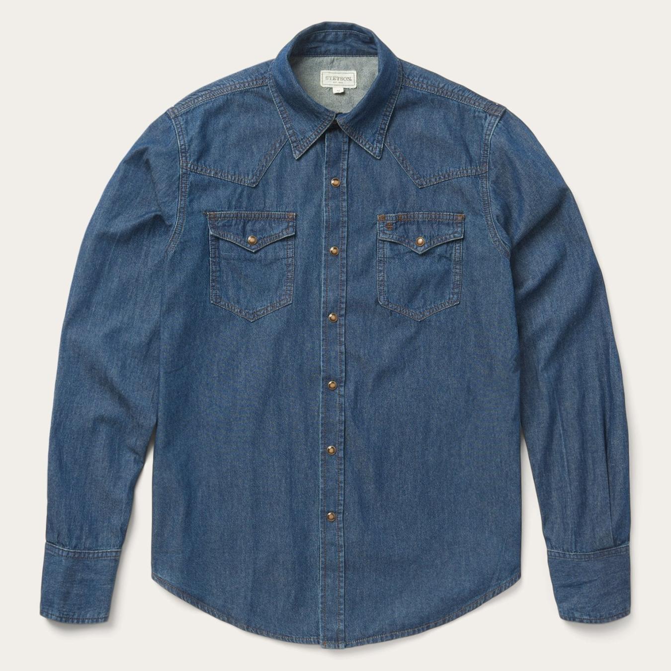 Men Denim Shirts Stetson Modern Denim Western Shirt Blue