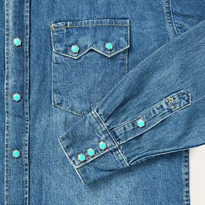 Men Denim Shirts Stetson Turquoise Snap Western Denim Shirt Blue