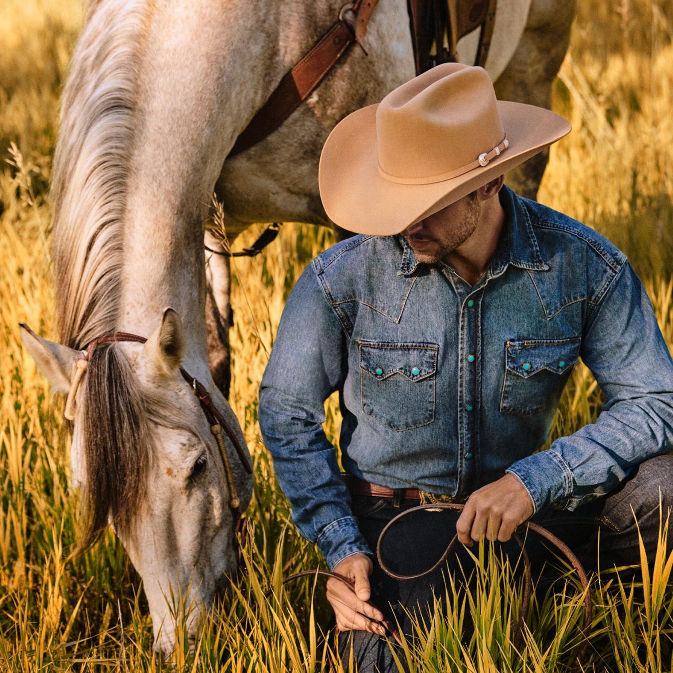 Men Denim Shirts Stetson Turquoise Snap Western Denim Shirt Blue