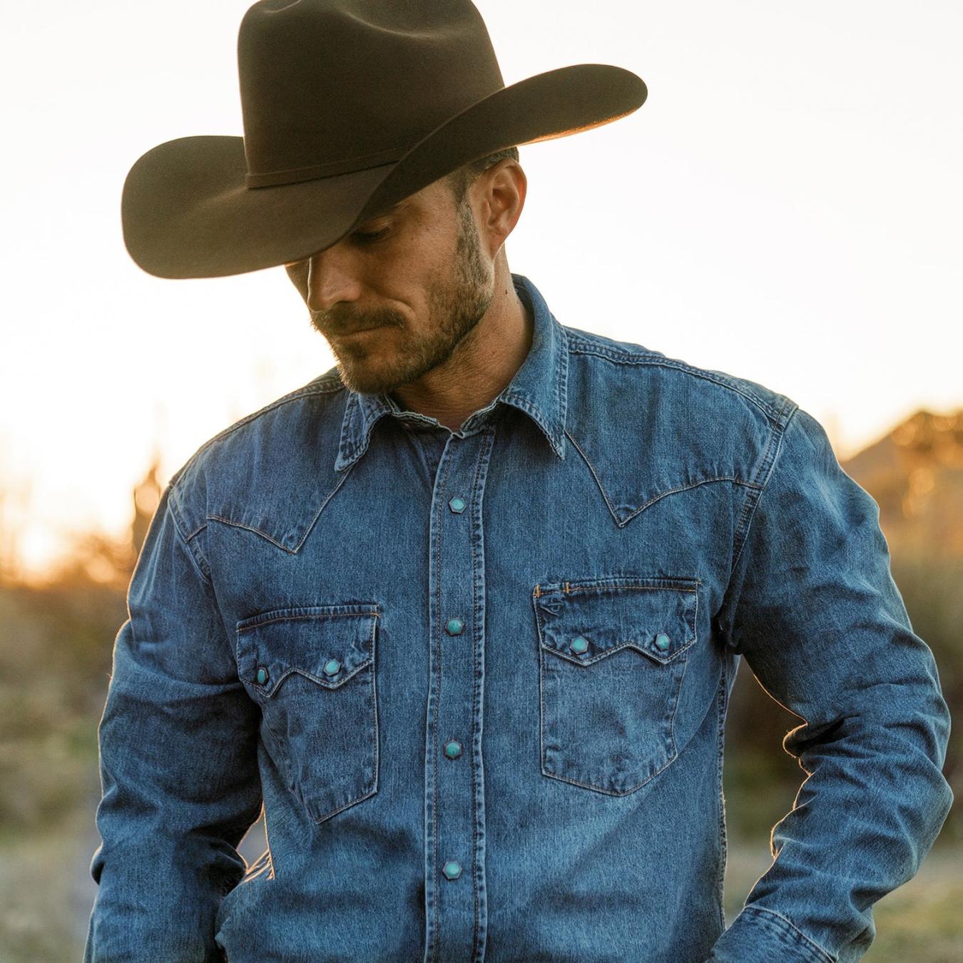 Men Denim Shirts Stetson Turquoise Snap Western Denim Shirt Blue