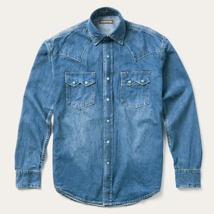 Men Denim Shirts Stetson Turquoise Snap Western Denim Shirt Blue