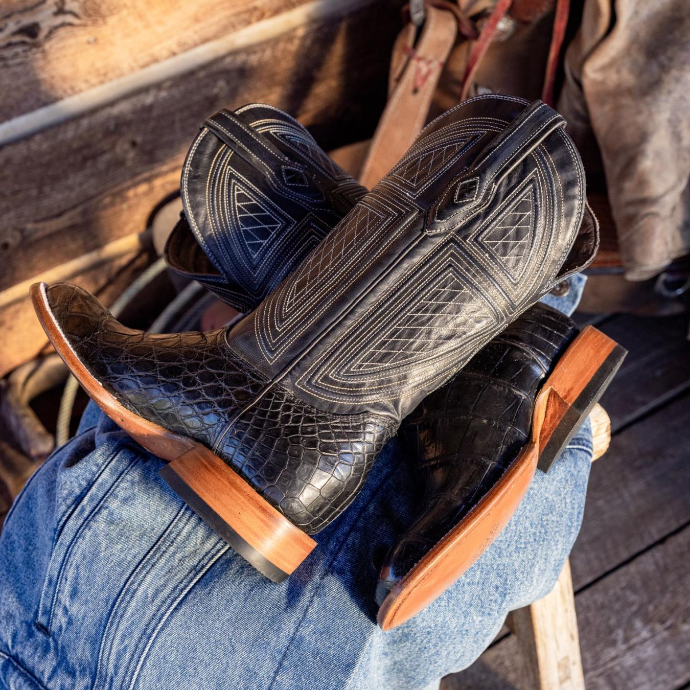 Men Exotics Stetson Black Falls Alligator Cowboy Boot Black