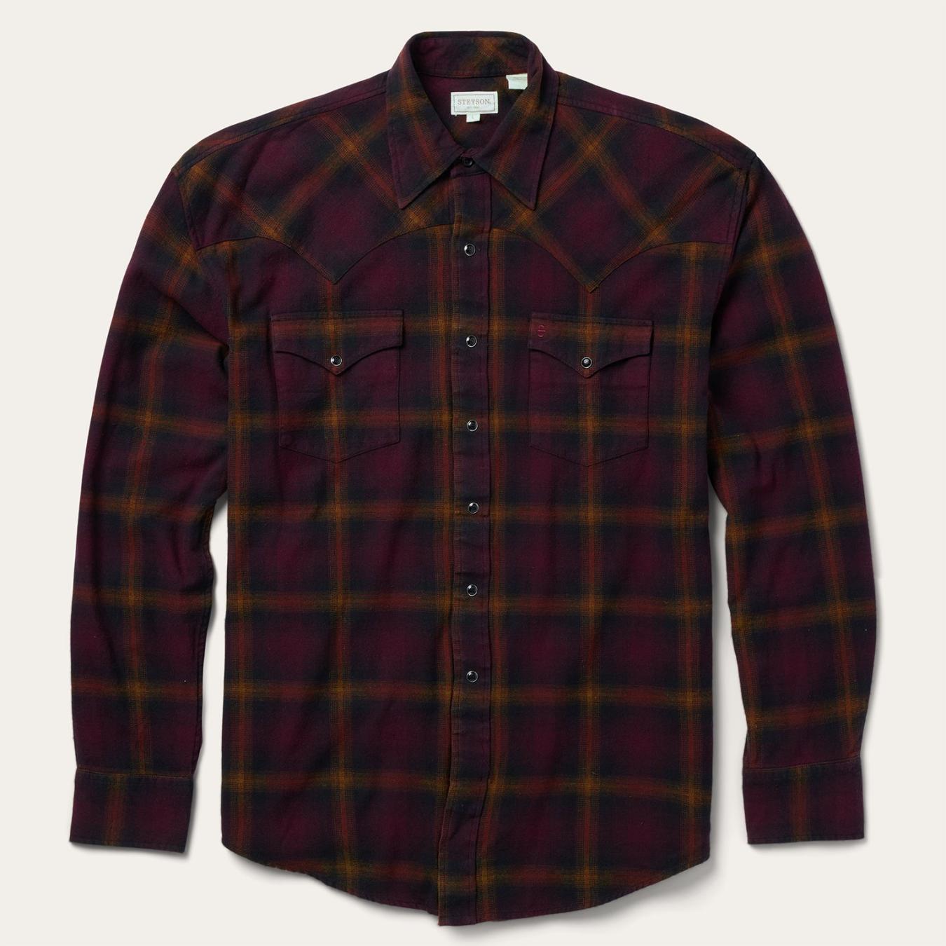 Men Flannel Shirts Stetson Black Wine Plaid Flannel Western Shirt Wine