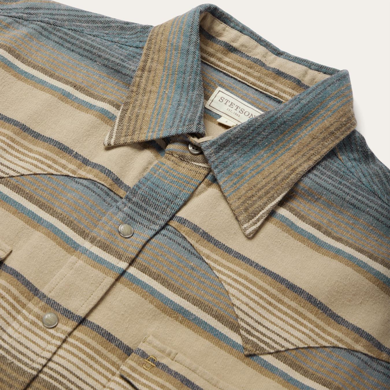 Men Flannel Shirts Stetson Blue Stripe Flannel Western Shirt Blue