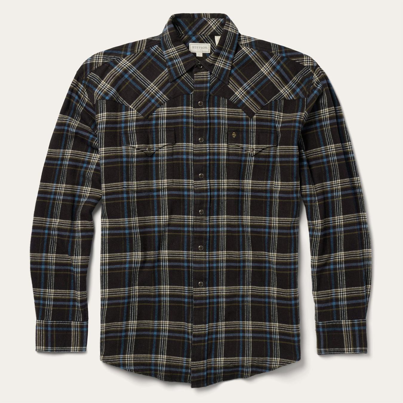 Men Flannel Shirts Stetson Brown Plaid Flannel Western Shirt Brown