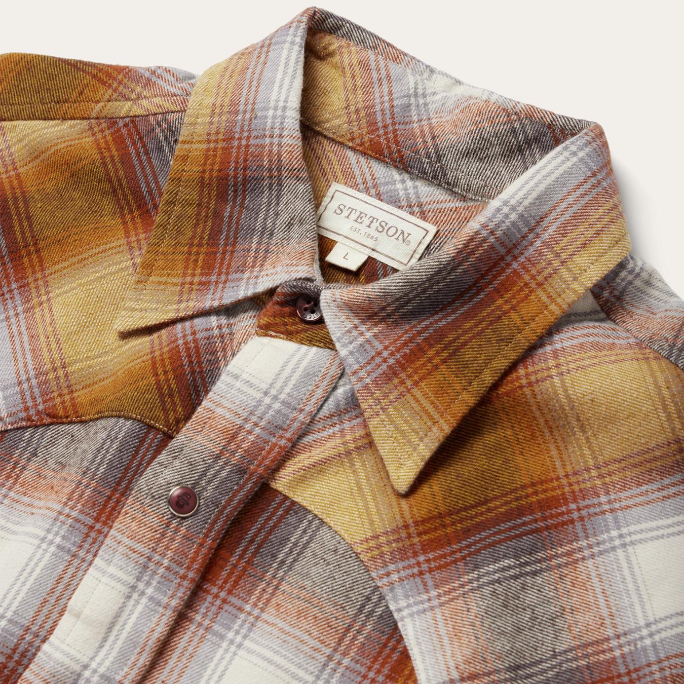 Men Flannel Shirts Stetson Rust Plaid Flannel Western Shirt Brown