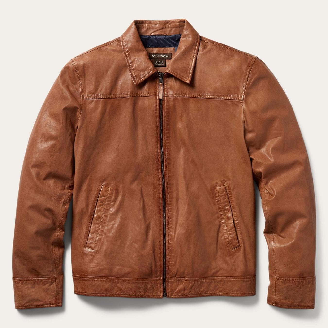 Men Jackets Stetson Zip-Front Lightweight Leather Jacket Brown