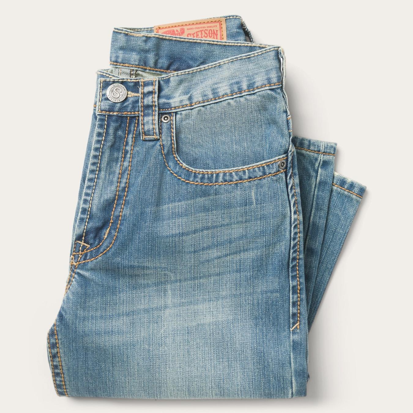 Men Modern Cut Stetson 1520 Fit Light Wash Jeans With Tacking Blue