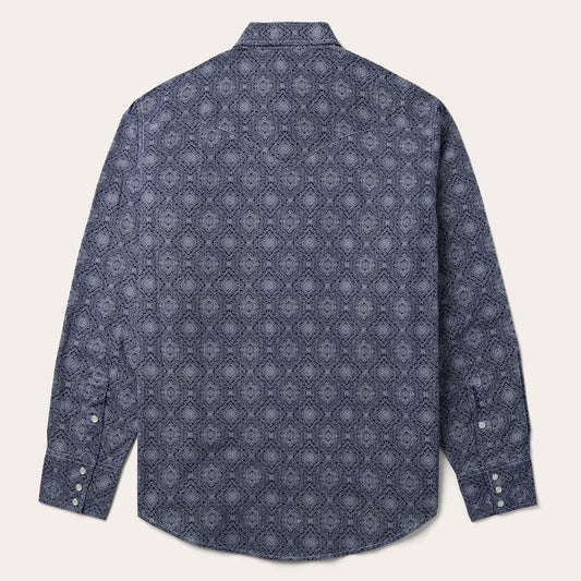 Men Modern Cut Stetson Blue Medallion Print Western Shirt Blue