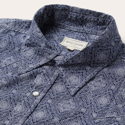 Men Modern Cut Stetson Blue Medallion Print Western Shirt Blue