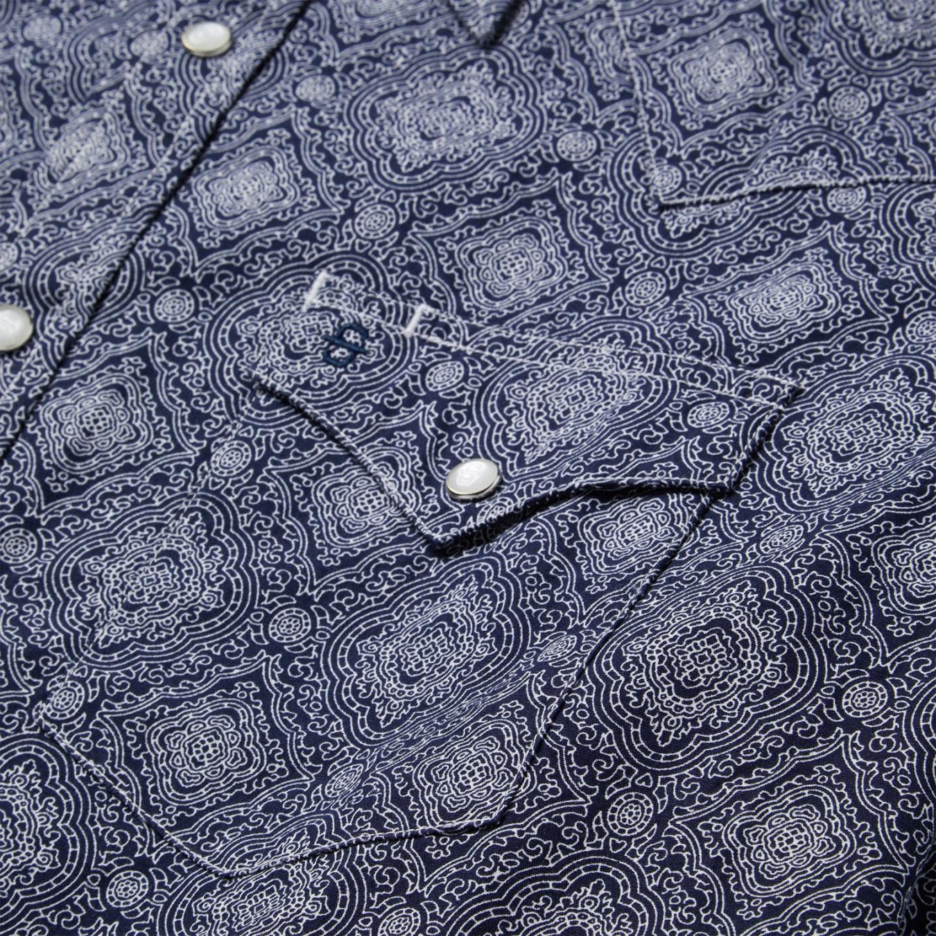 Men Modern Cut Stetson Blue Medallion Print Western Shirt Blue