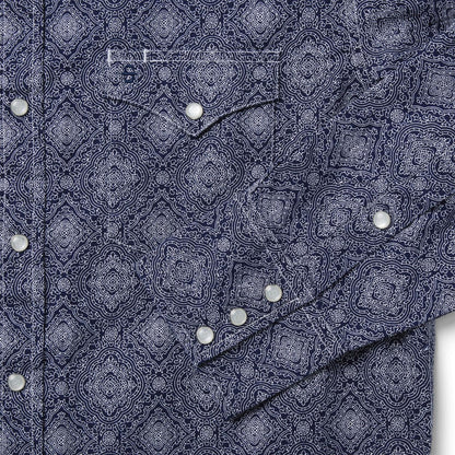 Men Modern Cut Stetson Blue Medallion Print Western Shirt Blue