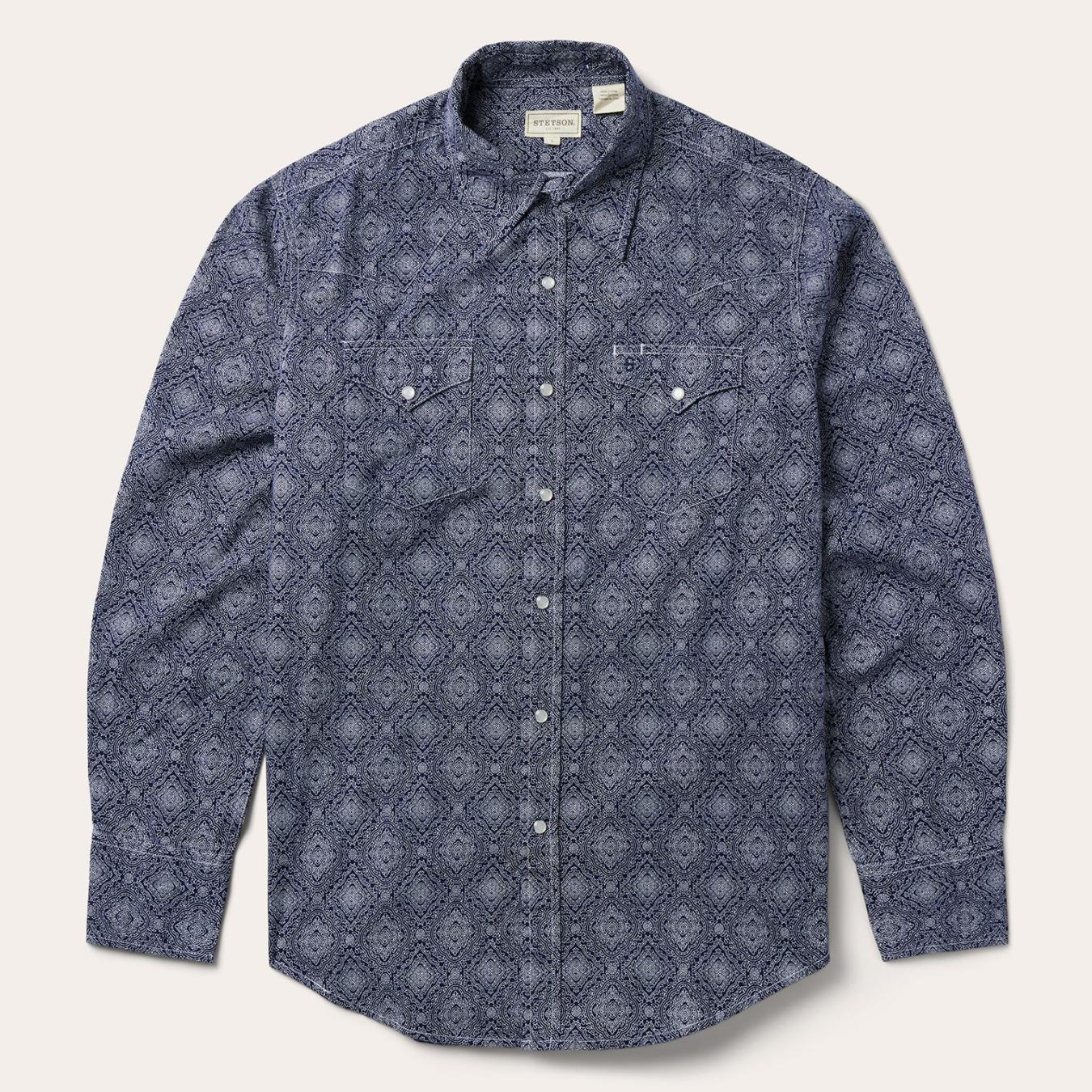 Men Modern Cut Stetson Blue Medallion Print Western Shirt Blue