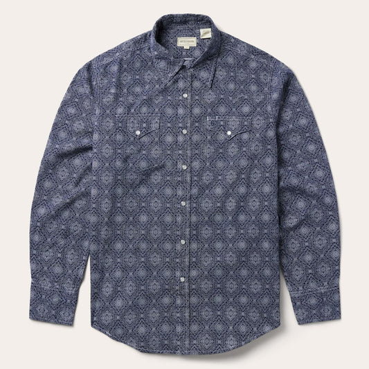 Men Modern Cut Stetson Blue Medallion Print Western Shirt Blue