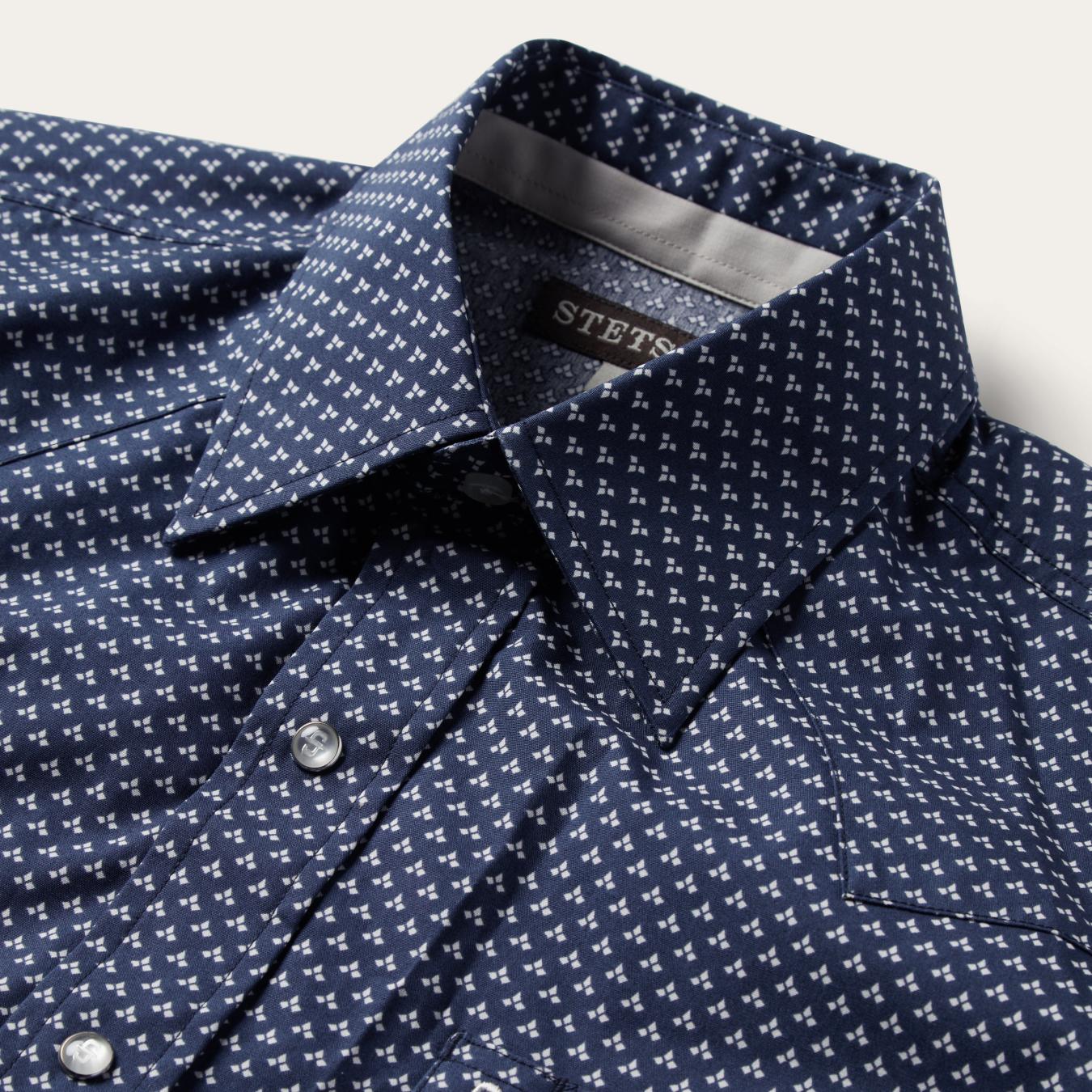 Men Modern Cut Stetson Blue Polaris Geo Print Western Shirt Blue