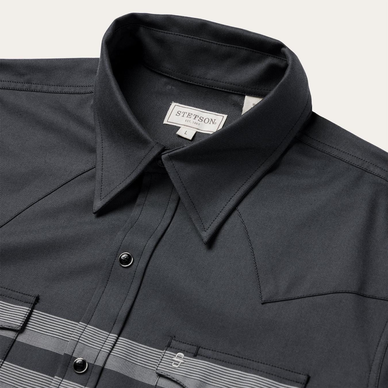 Men Modern Cut Stetson Border Stripe Twill Western Shirt Black