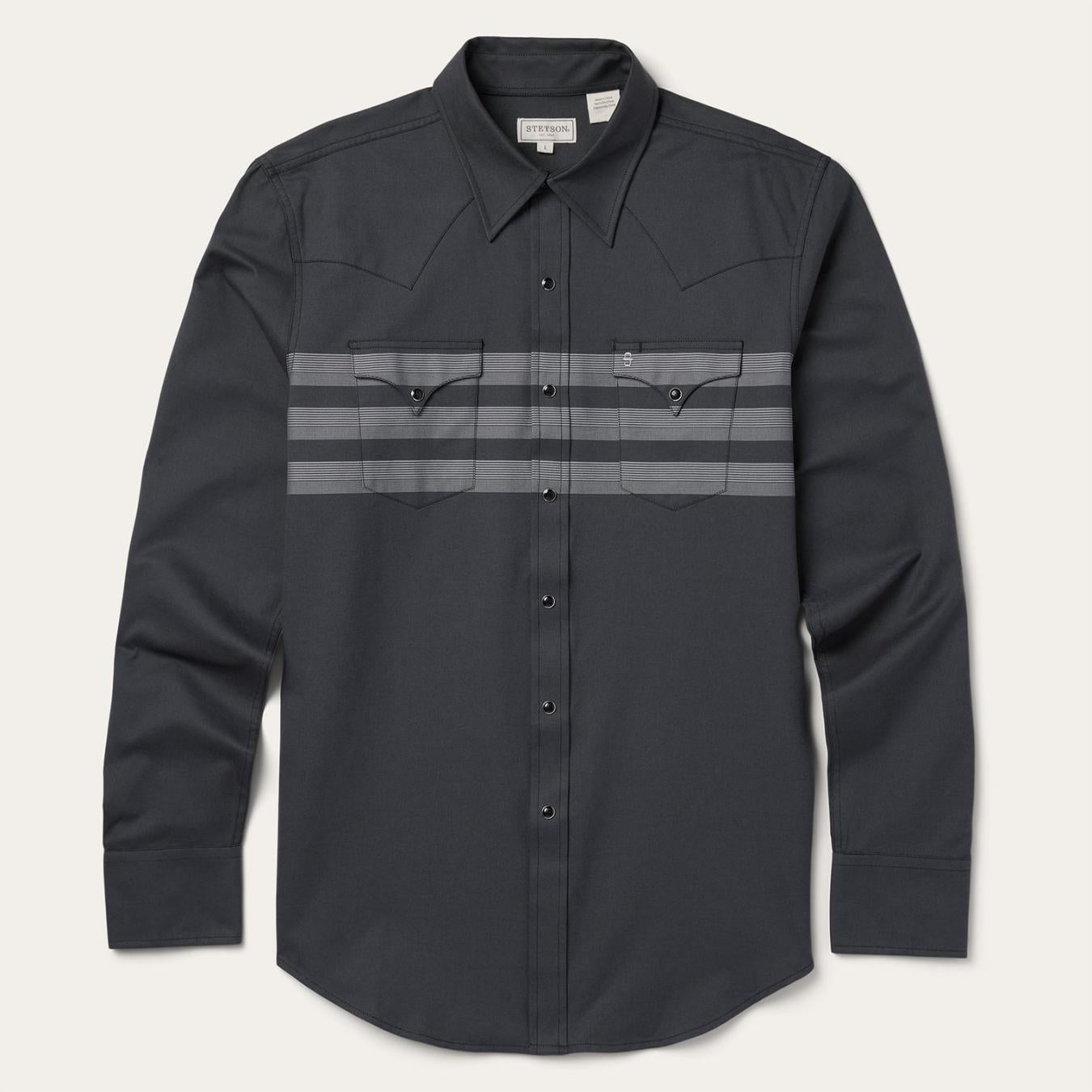 Men Modern Cut Stetson Border Stripe Twill Western Shirt Black
