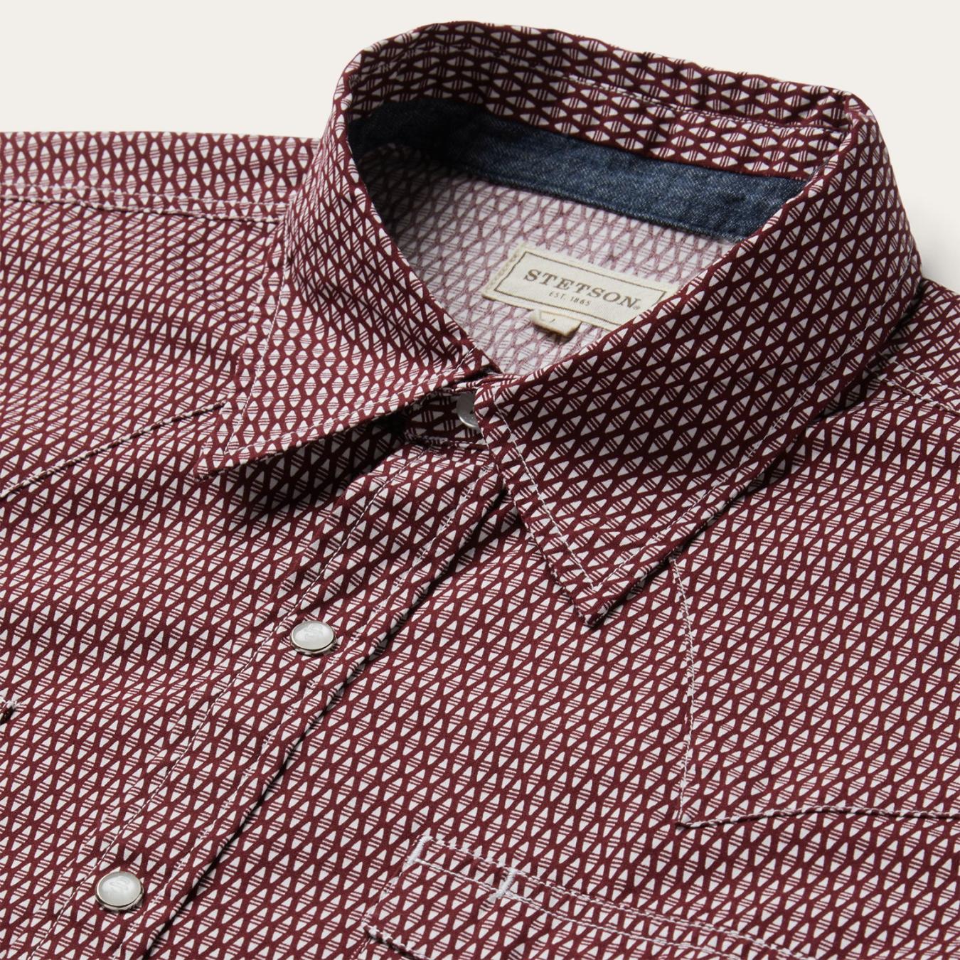 Men Modern Cut Stetson Broken Diamond Print Western Shirt Red