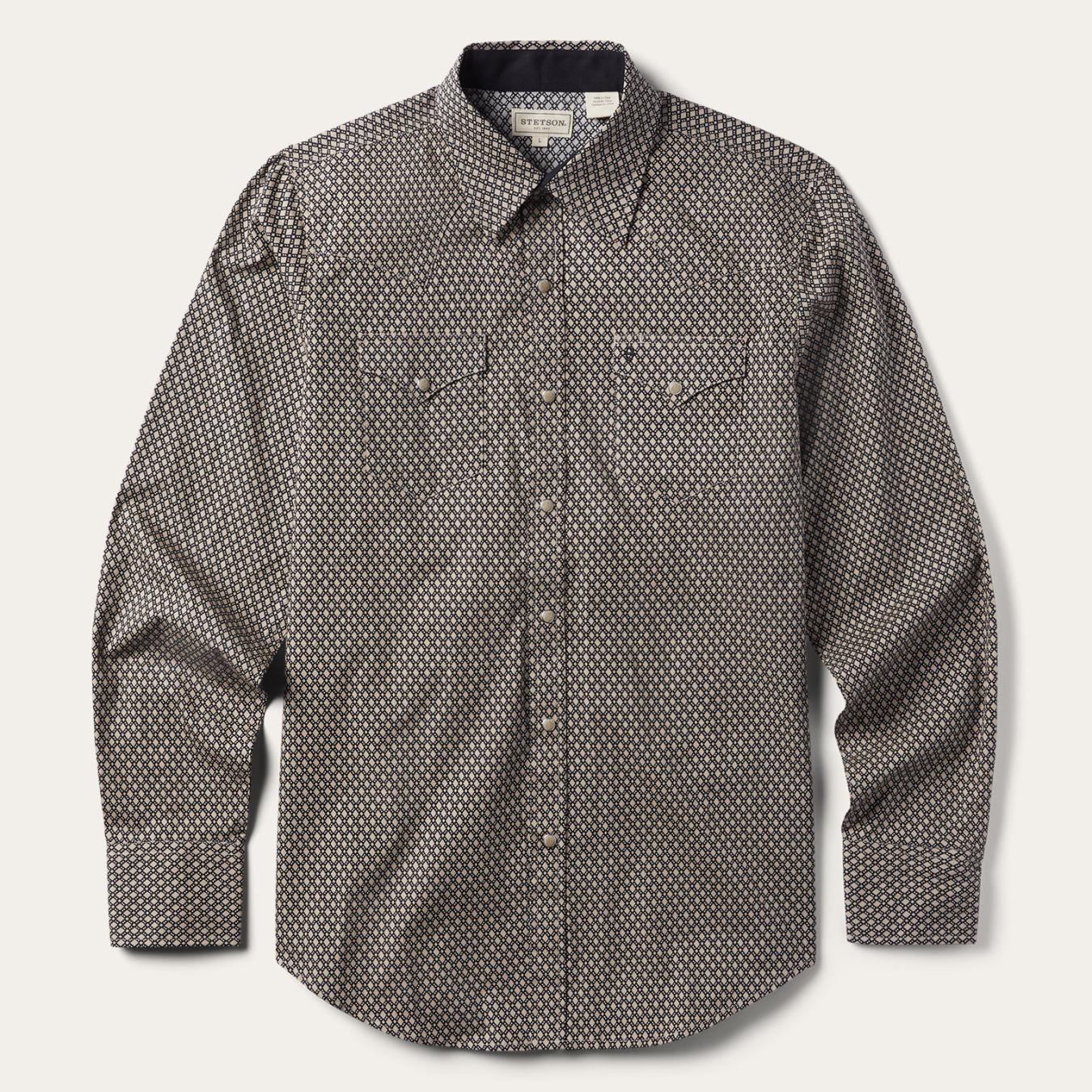 Men Modern Cut Stetson Brown Diamond Print Western Shirt Brown