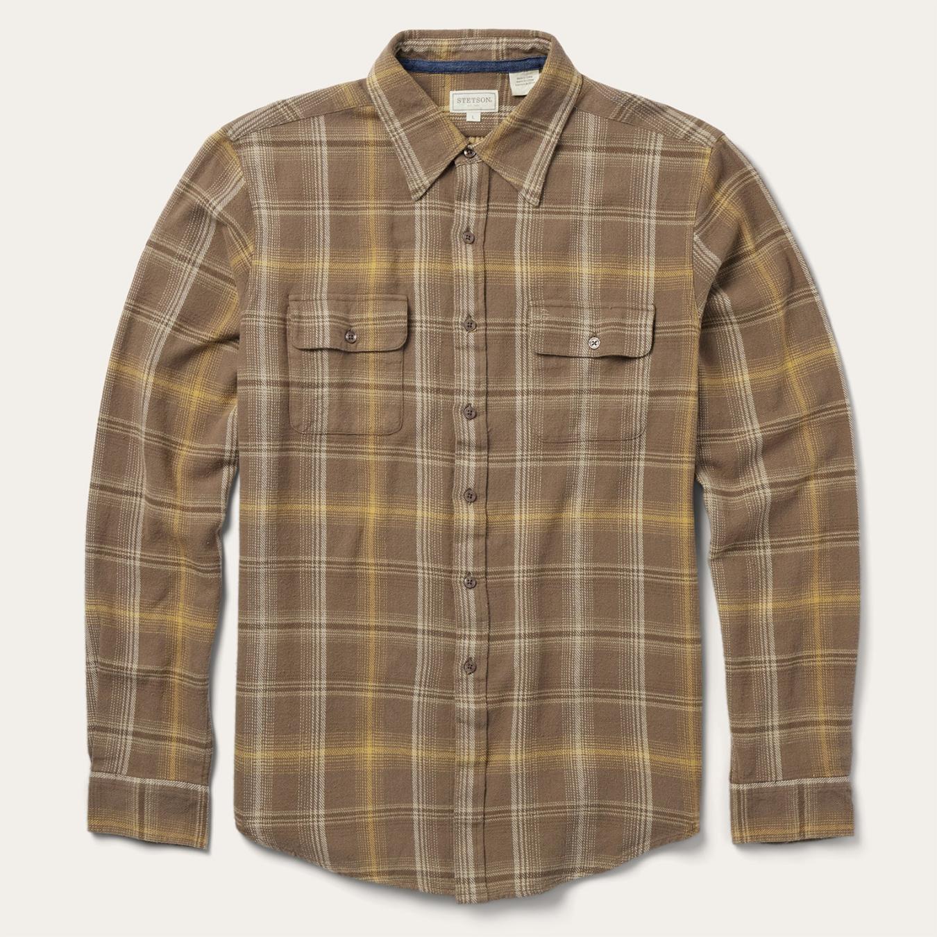 Men Modern Cut Stetson Brown Flannel Button-Front Shirt Brown