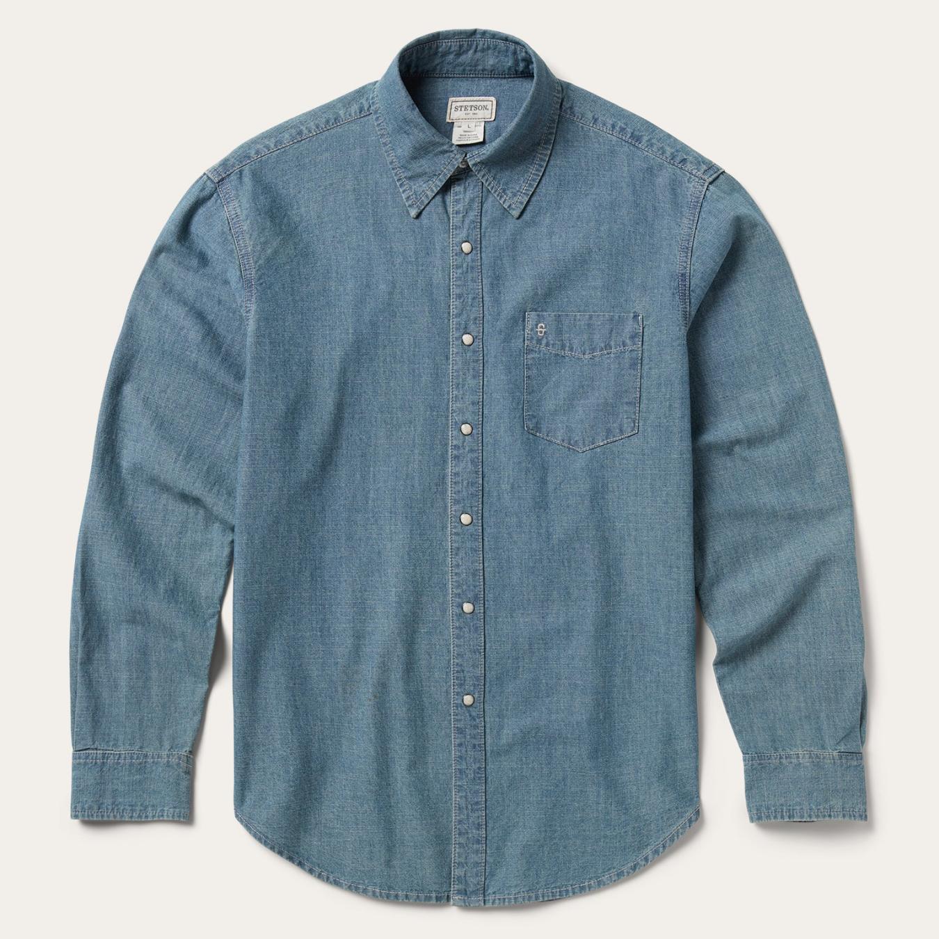 Men Modern Cut Stetson Chambray Denim Shirt Blue