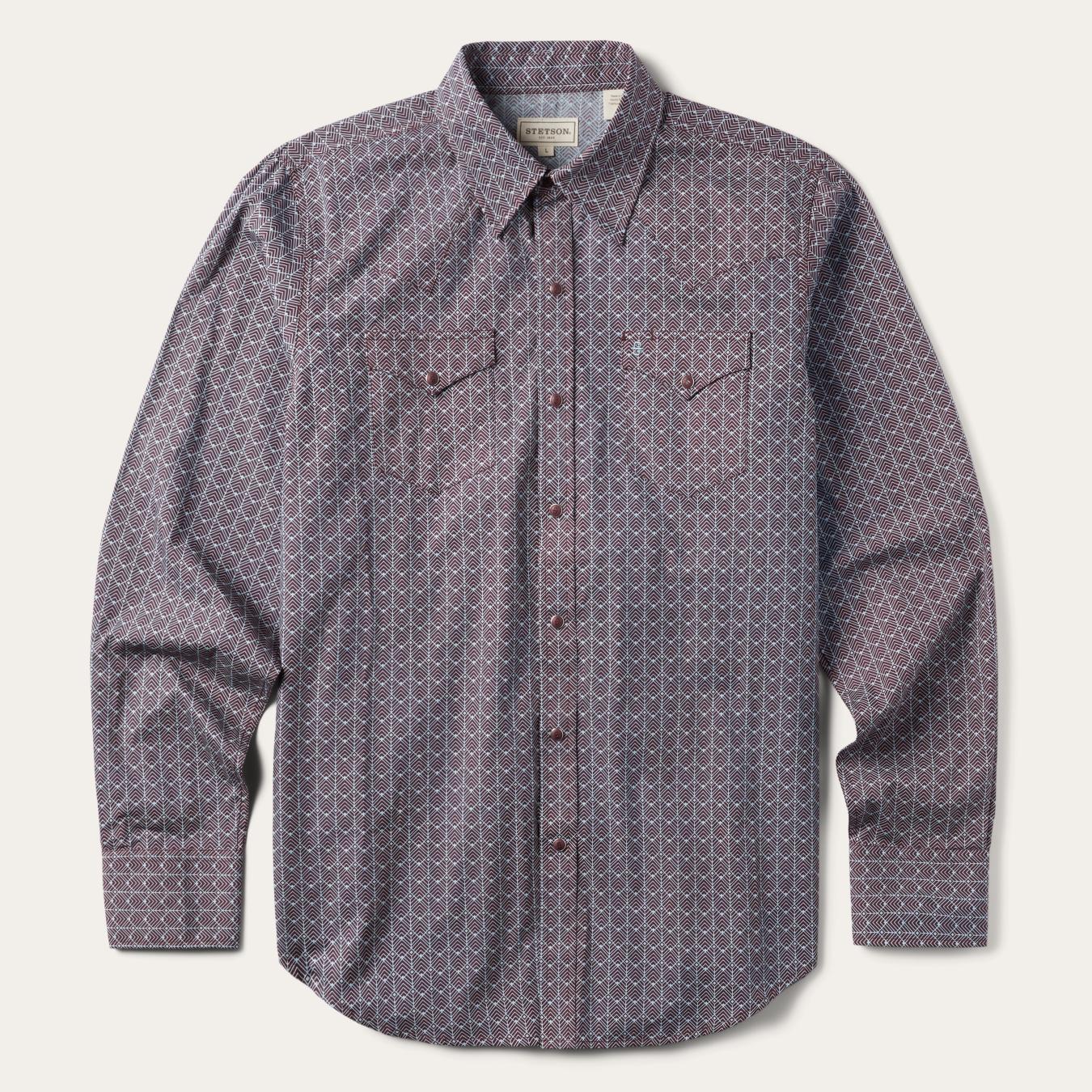 Men Modern Cut Stetson Chevron Grid Shirt Brown
