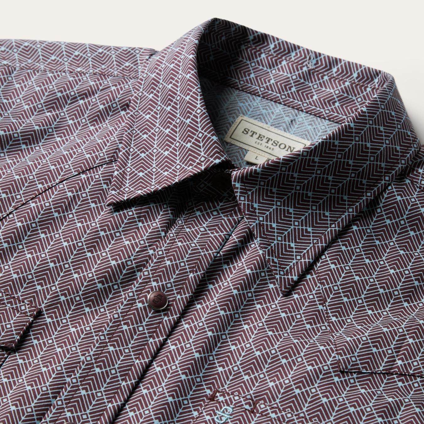 Men Modern Cut Stetson Chevron Grid Shirt Brown