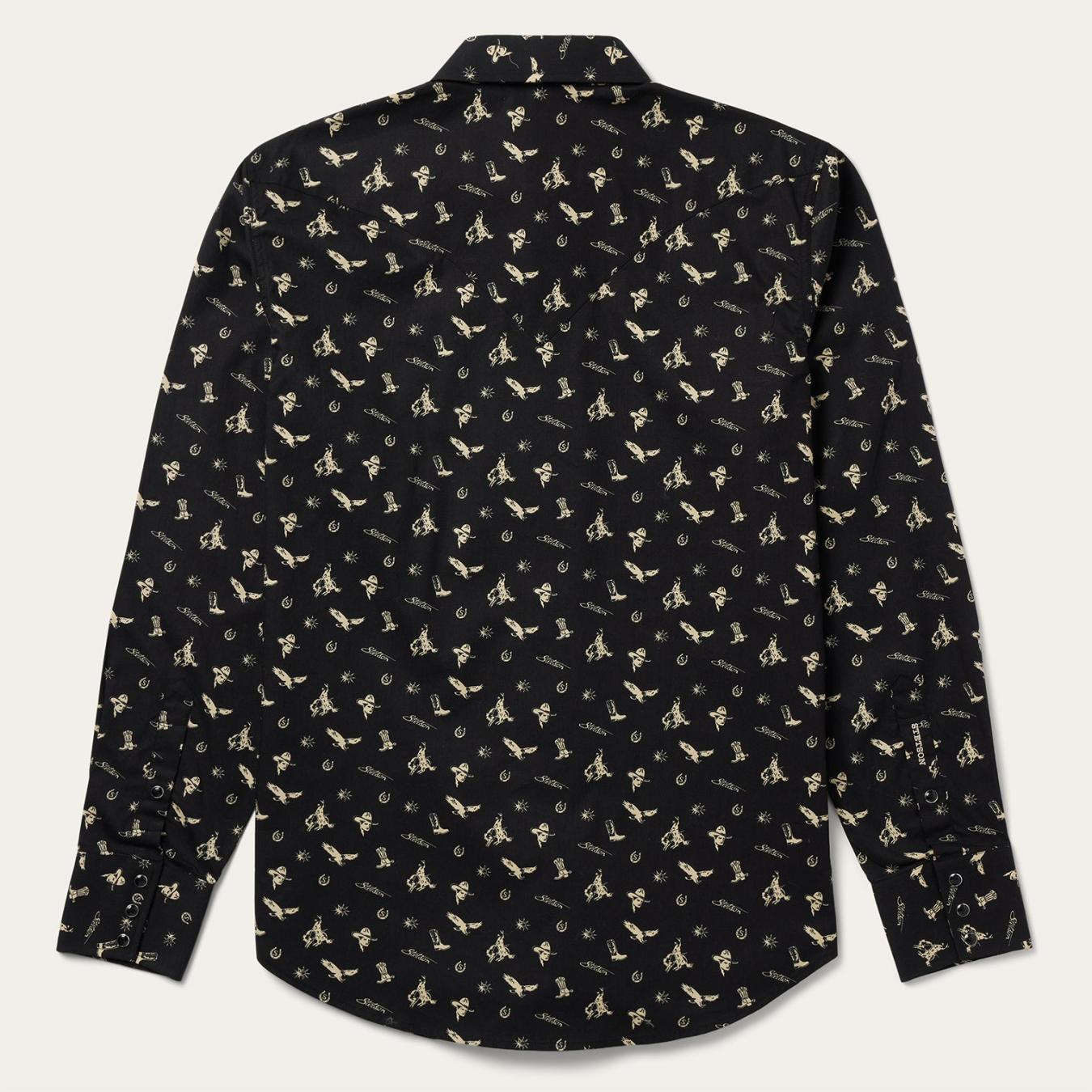 Men Modern Cut Stetson Conversation Print Western Shirt Black