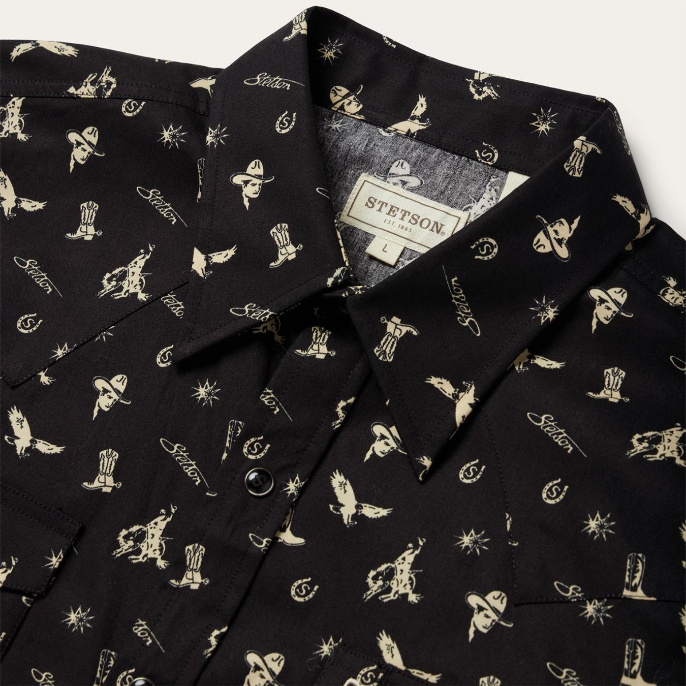 Men Modern Cut Stetson Conversation Print Western Shirt Black