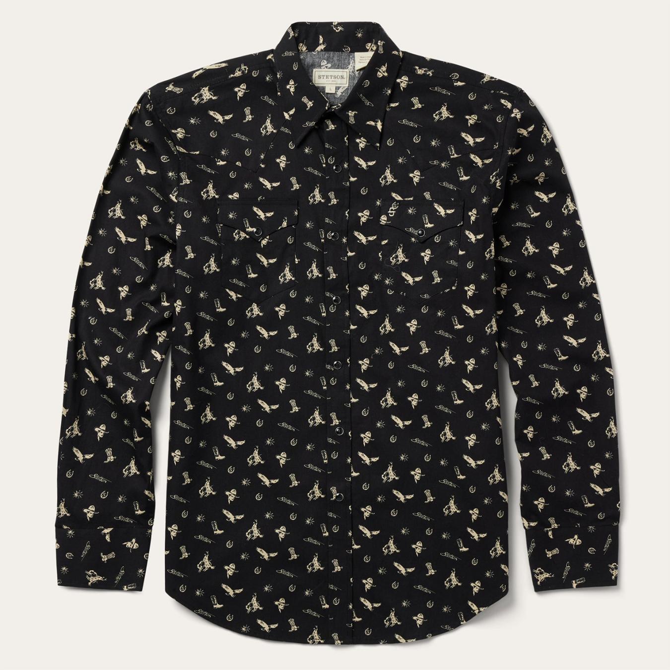 Men Modern Cut Stetson Conversation Print Western Shirt Black