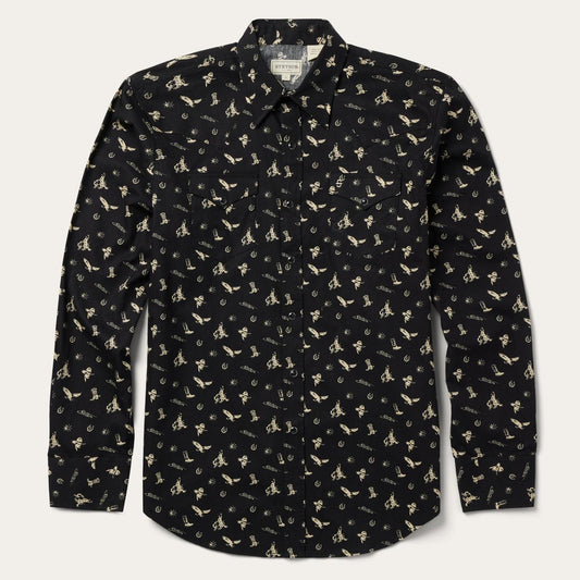 Men Modern Cut Stetson Conversation Print Western Shirt Black