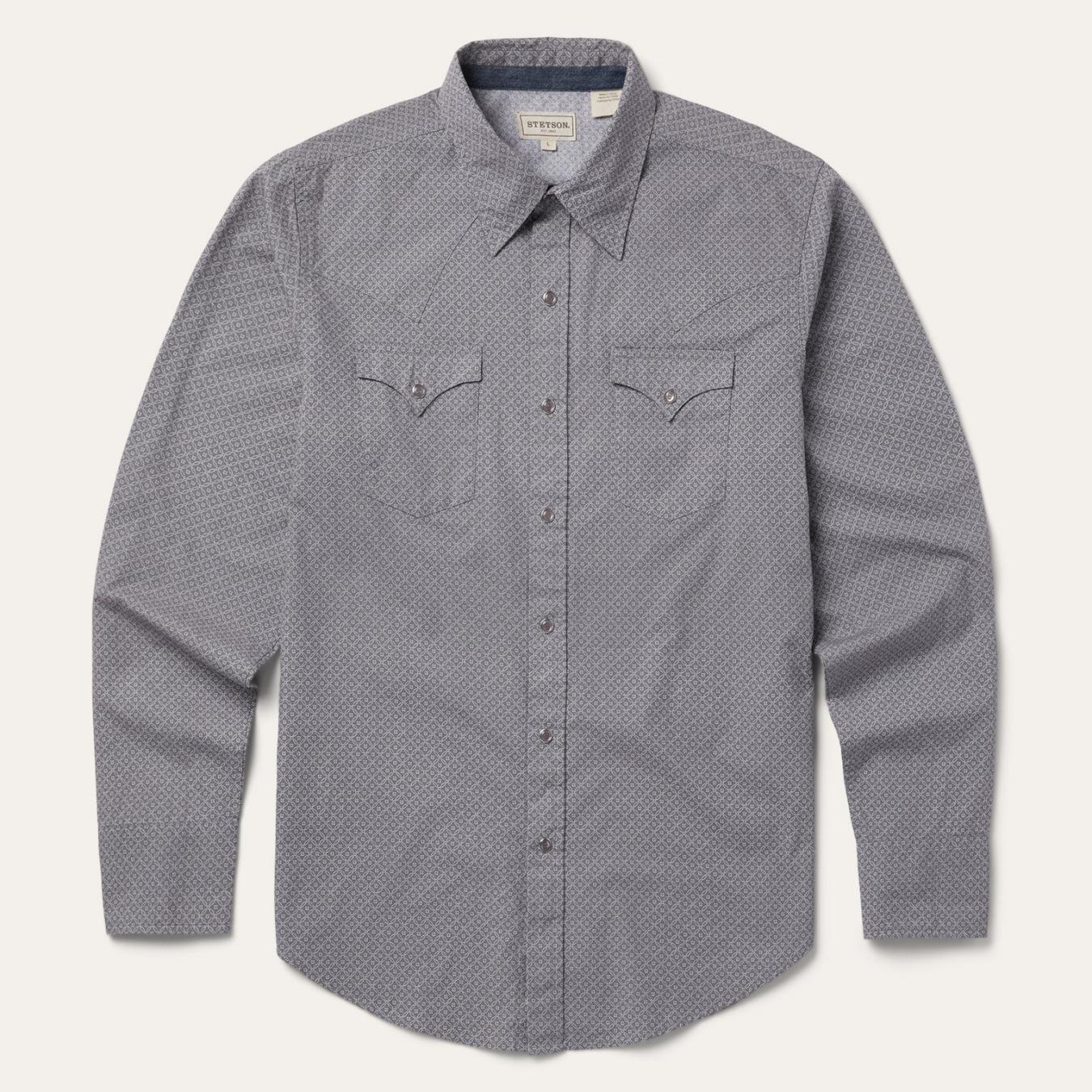 Men Modern Cut Stetson Diamond Print Western Shirt Grey