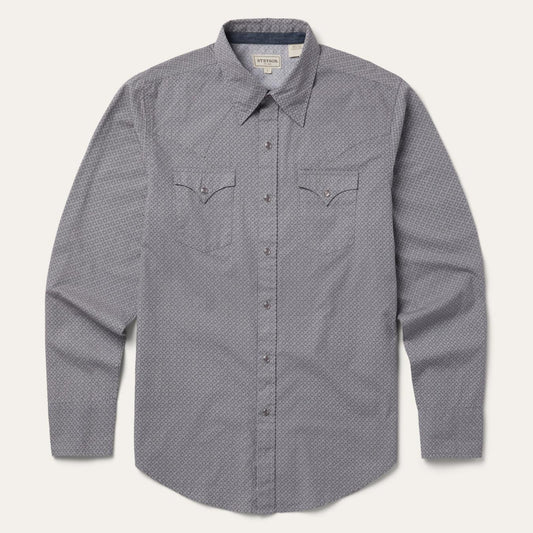 Men Modern Cut Stetson Diamond Print Western Shirt Grey