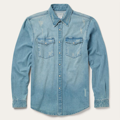 Men Modern Cut Stetson Distressed Denim Western Shirt Blue