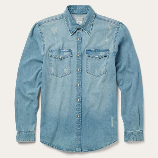 Men Modern Cut Stetson Distressed Denim Western Shirt Blue