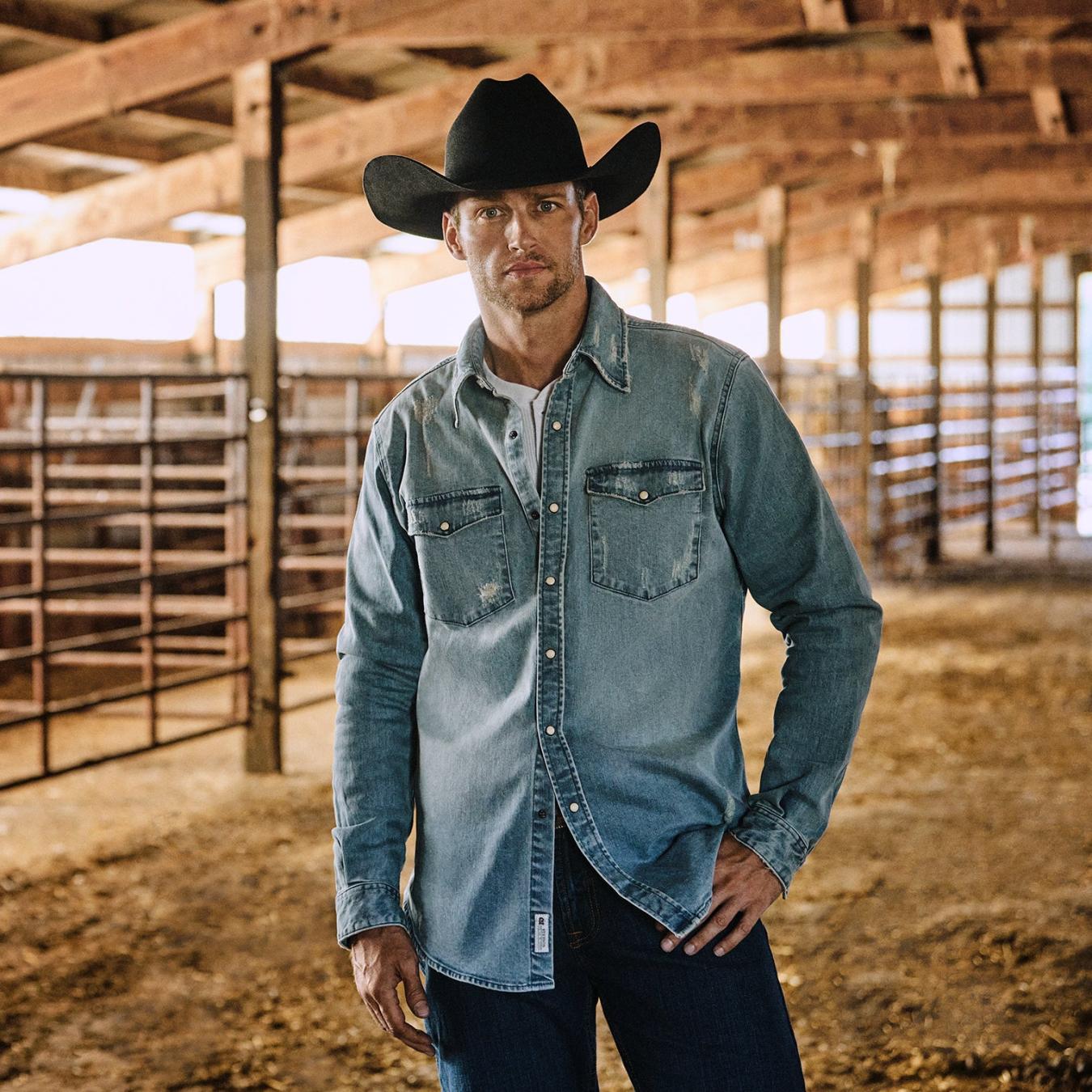 Men Modern Cut Stetson Distressed Denim Western Shirt Blue
