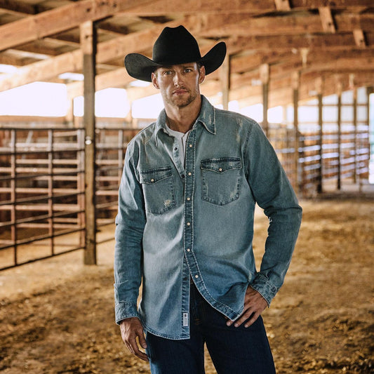 Men Modern Cut Stetson Distressed Denim Western Shirt Blue
