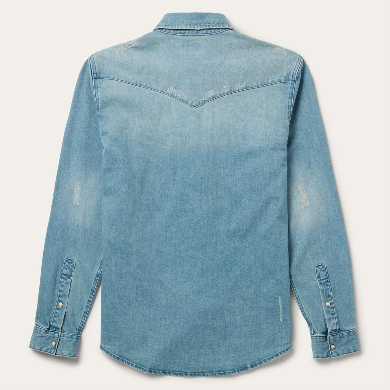 Men Modern Cut Stetson Distressed Denim Western Shirt Blue