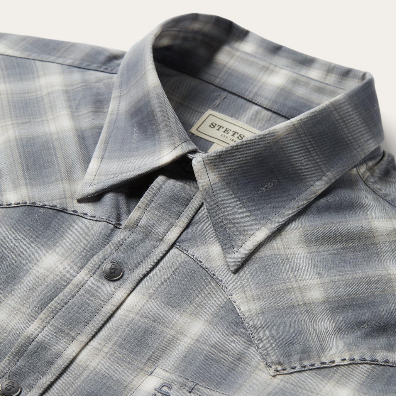 Men Modern Cut Stetson Dobby Twill Plaid Shirt Brown