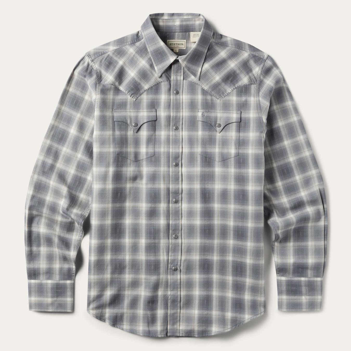 Men Modern Cut Stetson Dobby Twill Plaid Shirt Brown