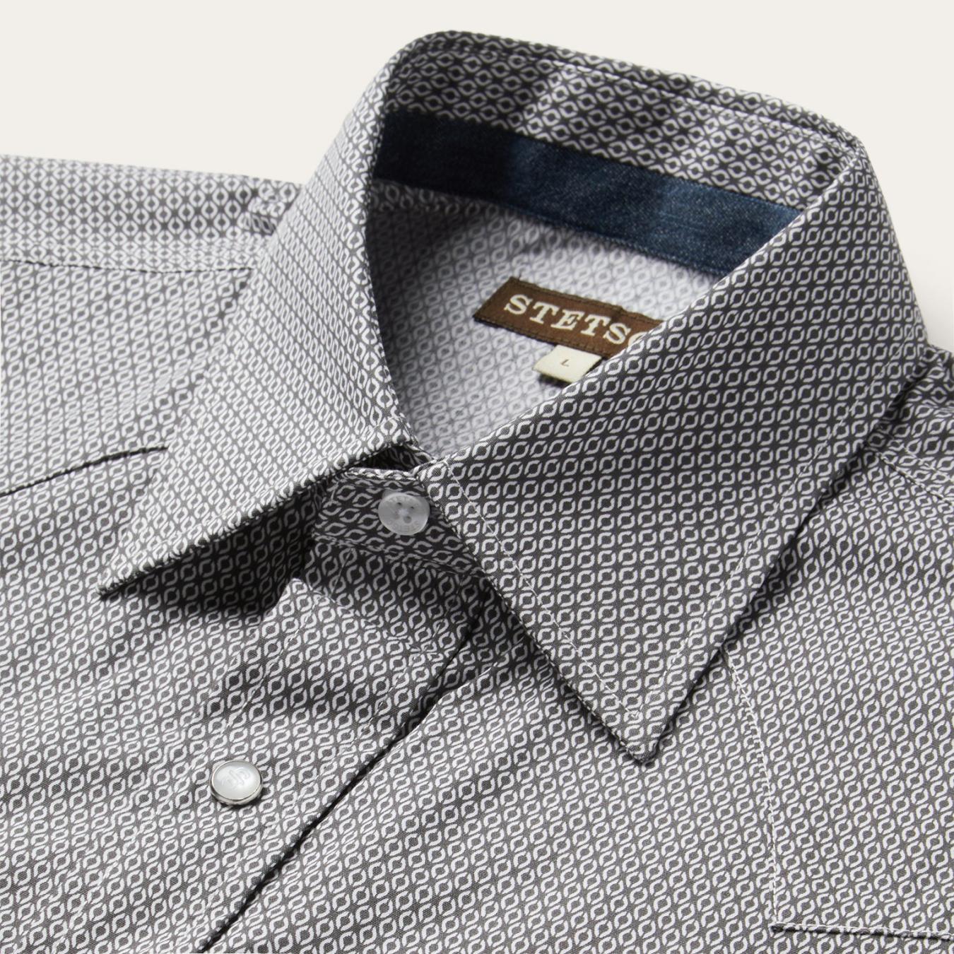 Men Modern Cut Stetson Grey Geo Print Western Shirt Grey