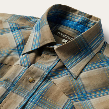 Men Modern Cut Stetson Khaki Ombre Plaid Shirt Brown